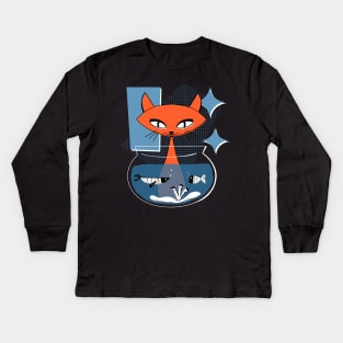 Atomic Cat with Fish Bowl Mid Century Modern Style Kids Long Sleeve T-Shirt